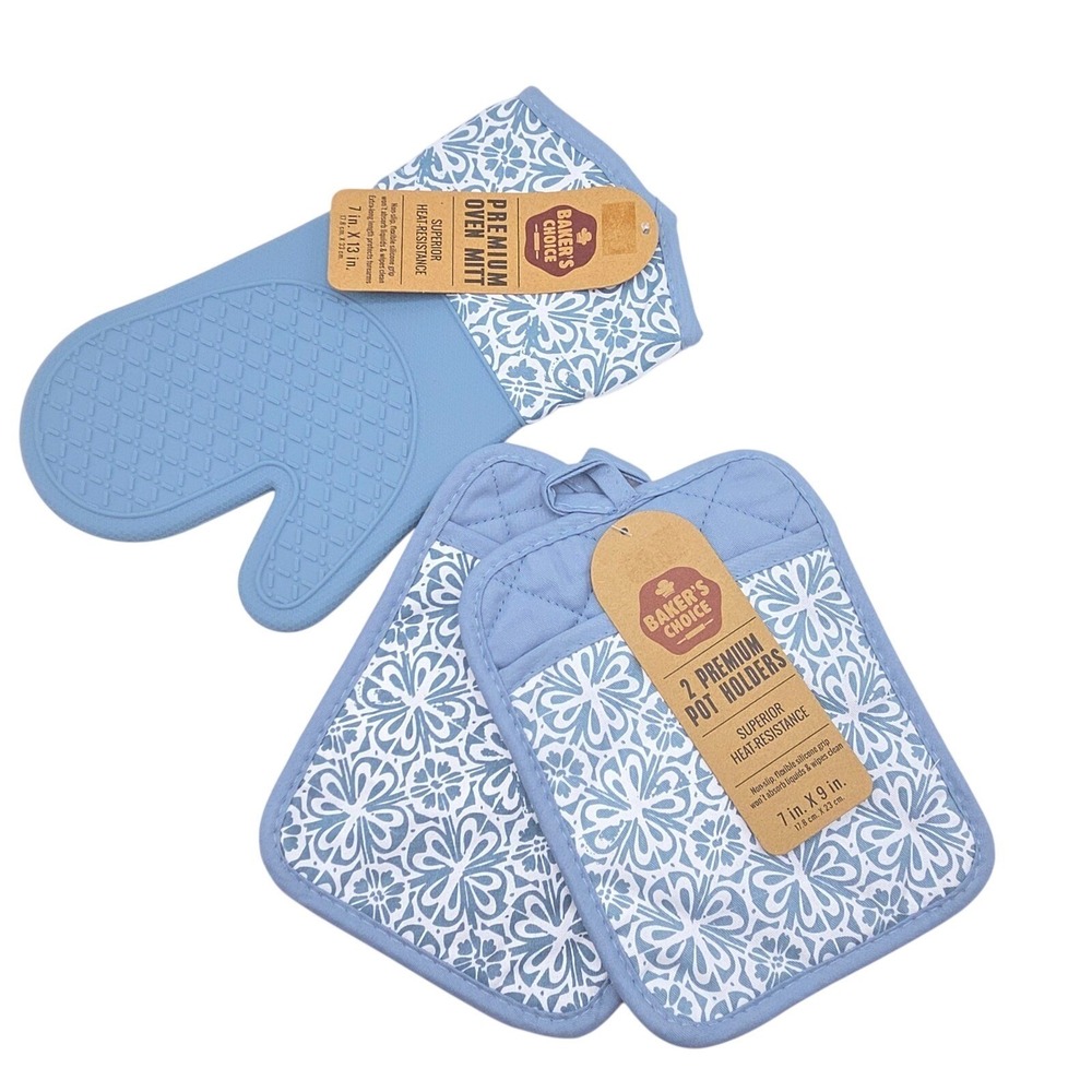 Bakers Choice‎ Blue Floral Cotton Silicone Pot Holder & Oven Mitt Set of 3 Piece